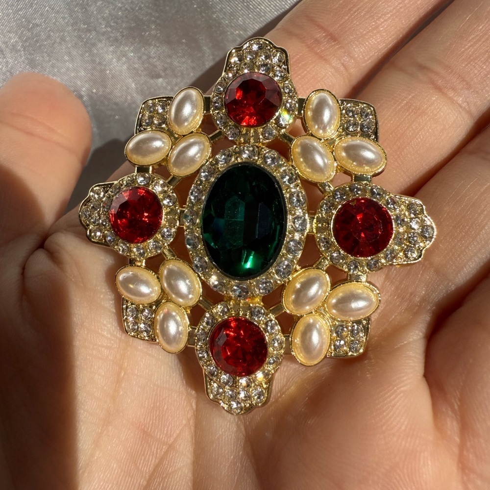 Vintage Gold Cross Brooch with Emerald Green & Ruby Red Crystals  Statement Pin